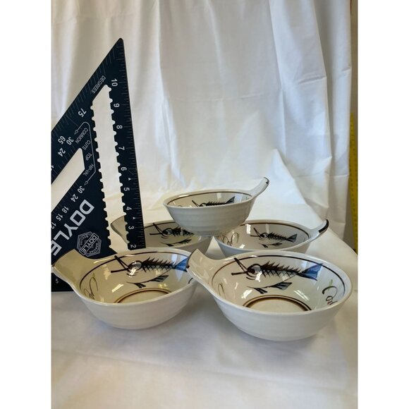 Set Of 5 Vintage Mid-Century Modern Soup Bowls With Handles - Fish Skeleton Desi - Picture 2 of 2